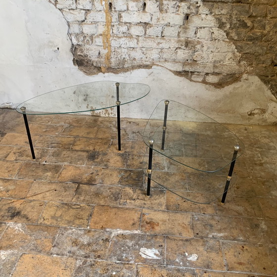 Image 1 of Duo of 2 glass and metal coffee tables from the 1950s, in the style of Edoardo Paoli