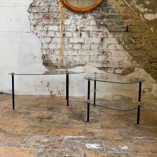 Duo of 2 glass and metal coffee tables from the 1950s, in the style of Edoardo Paoli