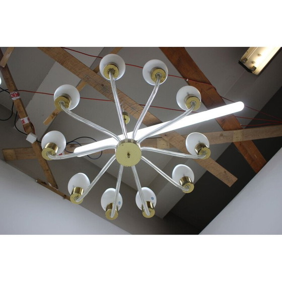 Image 1 of Pair of vintage glass and brass chandeliers by Kamenický Šenov, Czechoslovakia 1960