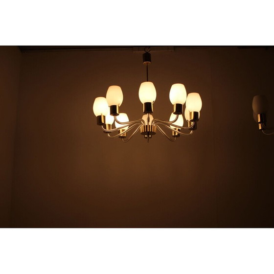 Image 1 of Pair of vintage glass and brass chandeliers by Kamenický Šenov, Czechoslovakia 1960