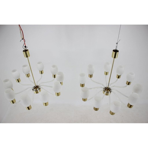 Pair of vintage glass and brass chandeliers by Kamenický Šenov, Czechoslovakia 1960