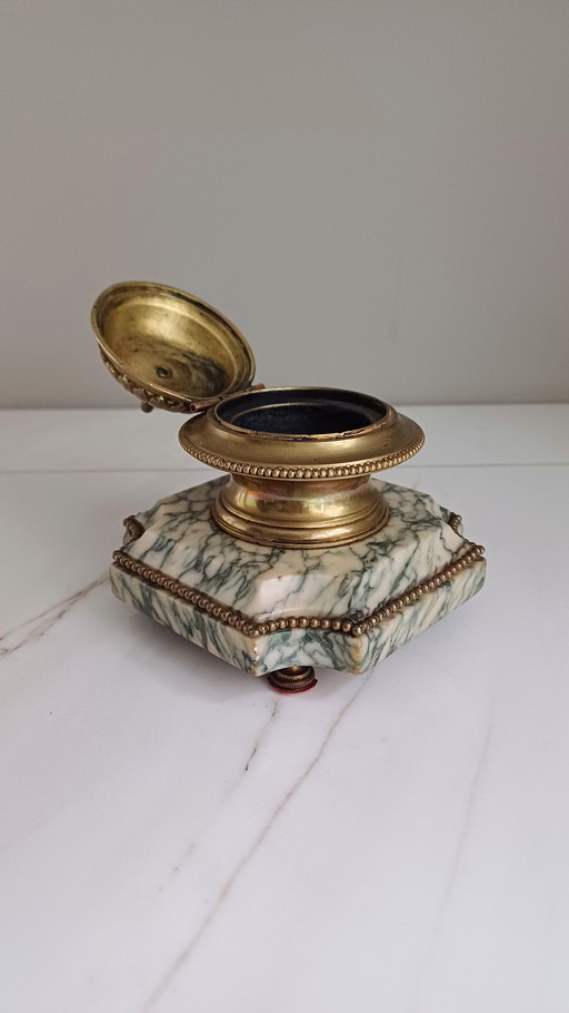 French Ink Jar Of Marble And Bronze