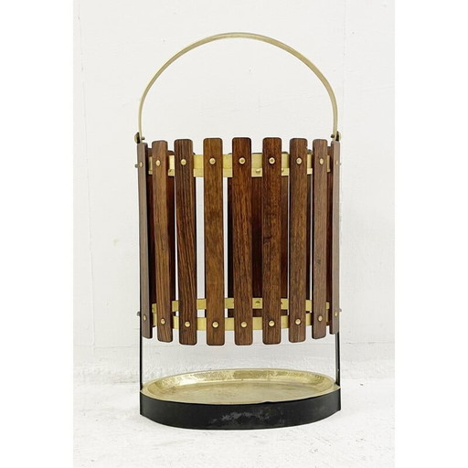 Vintage umbrella stand in wood and brass, Italy 1950