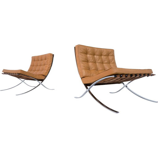 Pair of vintage cognac leather Barcelona armchairs by Mies Van Der Rohe for Knoll, 1990s