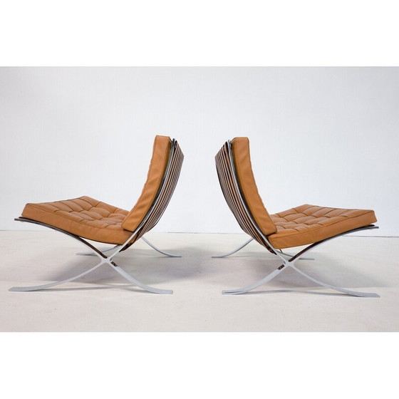 Image 1 of Pair of vintage cognac leather Barcelona armchairs by Mies Van Der Rohe for Knoll, 1990s