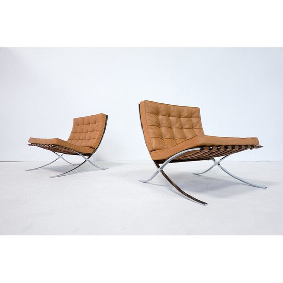 Image 1 of Pair of vintage cognac leather Barcelona armchairs by Mies Van Der Rohe for Knoll, 1990s