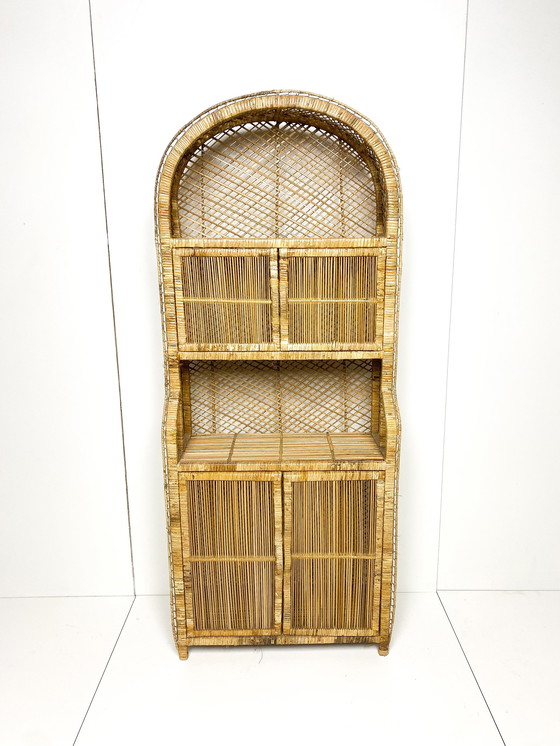 Image 1 of Vintage rattan wicker arch cabinet with doors