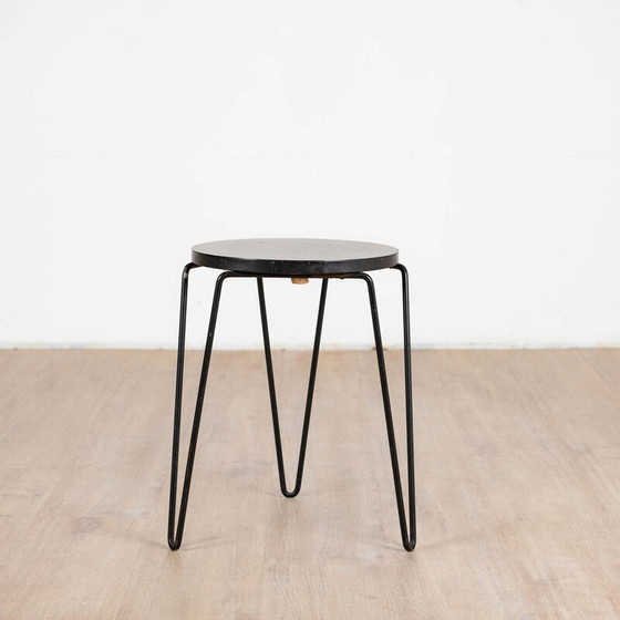 Image 1 of Vintage "75" model stool in black melamine wood and metal by Florence Knoll for Knoll International, 1950