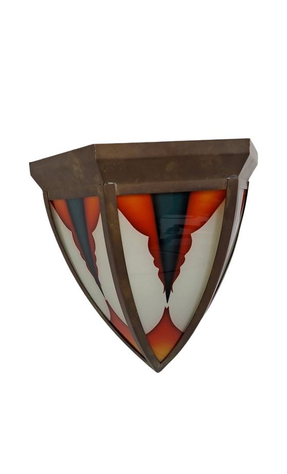 Image 1 of Art Deco / Amsterdam School (style) - Stained glass wall sconce - Bronze frame - In the style of Tuschinski - Multiple in stock