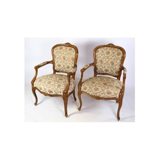 Pair of vintage Neo-Rococo armchairs with decorated fabric in light wood, 1930s