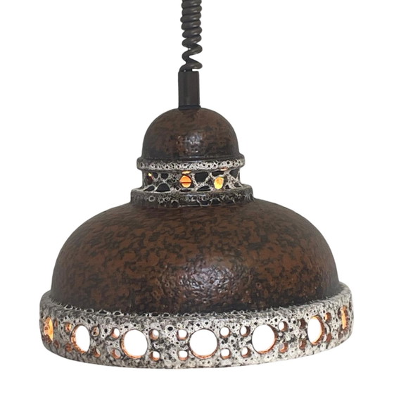 Image 1 of Fat Lava - UFO shaped Ceramic Hanging Pedant - Midcentury - Germany - BOHO - Brown - Mounted on extendable Power cord - Multiple