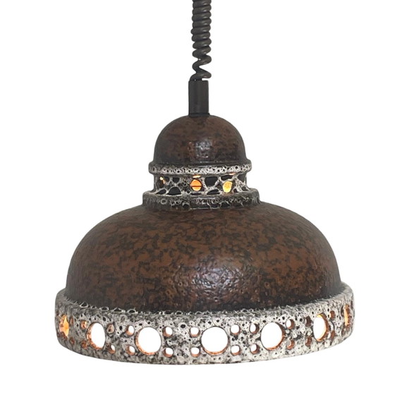 Image 1 of Fat Lava - UFO shaped Ceramic Hanging Pedant - Midcentury - Germany - BOHO - Brown - Mounted on extendable Power cord - Multiple