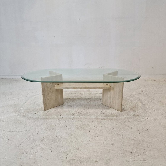 Image 1 of Vintage travertine and glass coffee table, Italy 1980