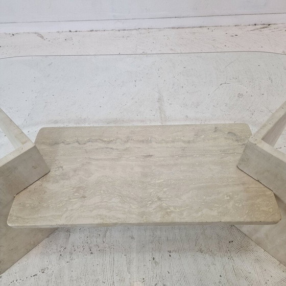 Image 1 of Vintage travertine and glass coffee table, Italy 1980