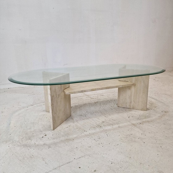 Image 1 of Vintage travertine and glass coffee table, Italy 1980