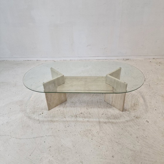 Image 1 of Vintage travertine and glass coffee table, Italy 1980