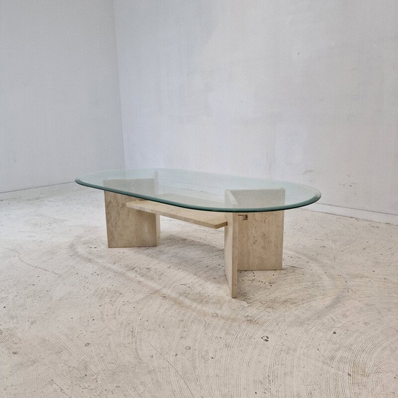 Image 1 of Vintage travertine and glass coffee table, Italy 1980