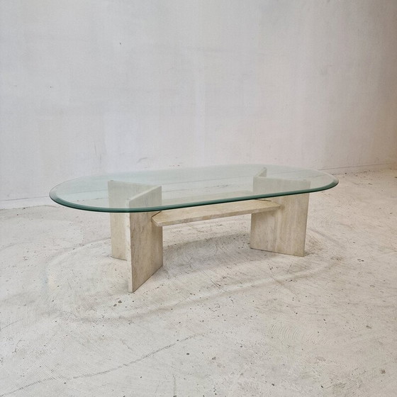 Image 1 of Vintage travertine and glass coffee table, Italy 1980