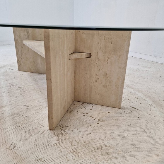 Image 1 of Vintage travertine and glass coffee table, Italy 1980