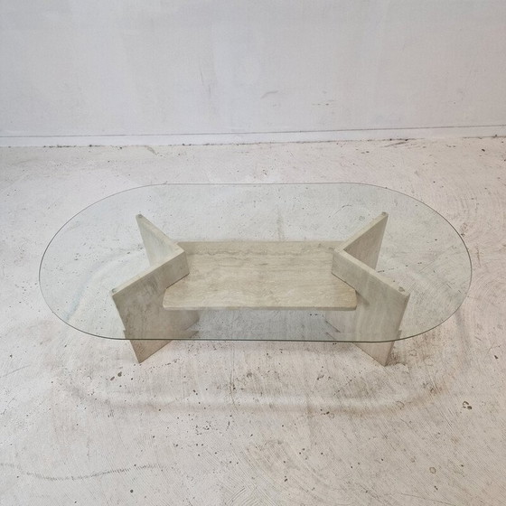 Image 1 of Vintage travertine and glass coffee table, Italy 1980