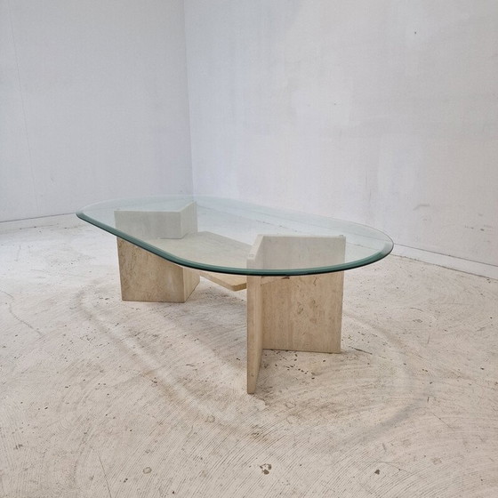 Image 1 of Vintage travertine and glass coffee table, Italy 1980