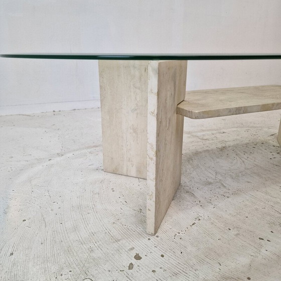 Image 1 of Vintage travertine and glass coffee table, Italy 1980