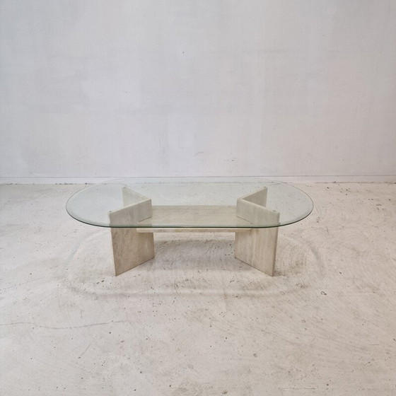 Image 1 of Vintage travertine and glass coffee table, Italy 1980