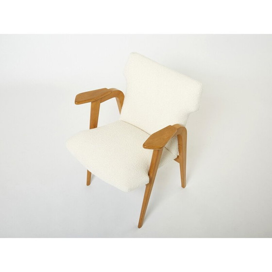 Image 1 of Pair of vintage compass armchairs in oakwood and bouclette wool by Roger Landault, 1950