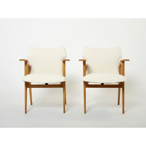 Image 1 of Pair of vintage compass armchairs in oakwood and bouclette wool by Roger Landault, 1950