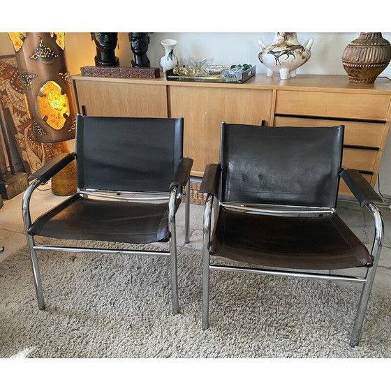 Image 1 of Pair of vintage Klinte brown leather armchairs by Tord Bjorklund for Ikea, Sweden 1980