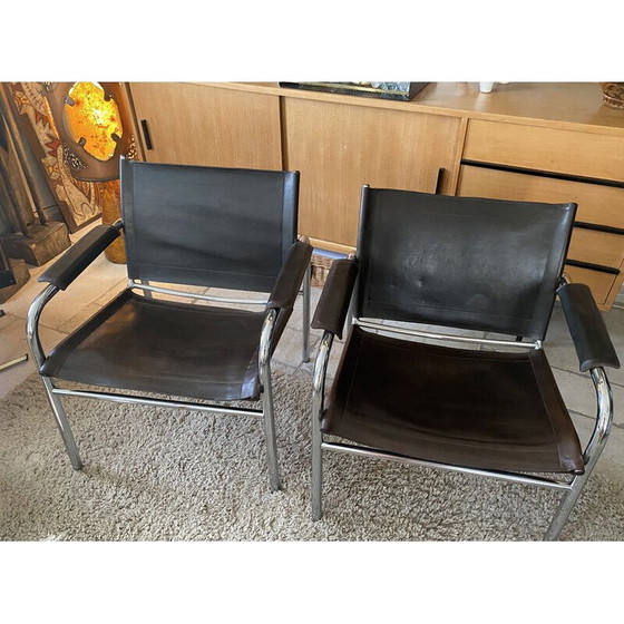 Image 1 of Pair of vintage Klinte brown leather armchairs by Tord Bjorklund for Ikea, Sweden 1980