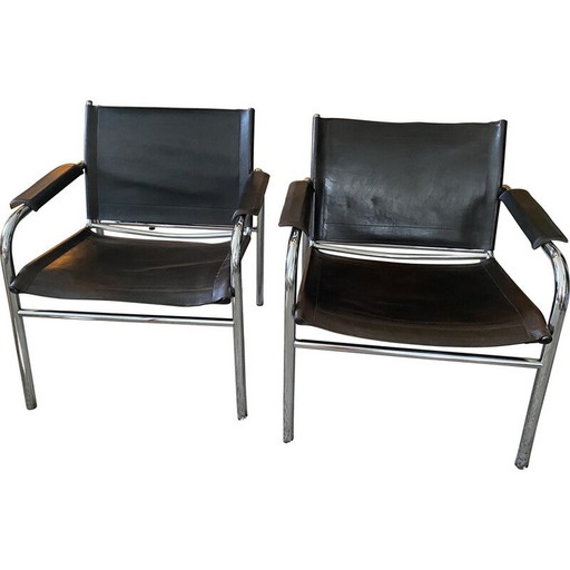 Pair of vintage Klinte brown leather armchairs by Tord Bjorklund for Ikea, Sweden 1980