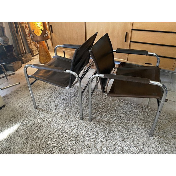 Image 1 of Pair of vintage Klinte brown leather armchairs by Tord Bjorklund for Ikea, Sweden 1980