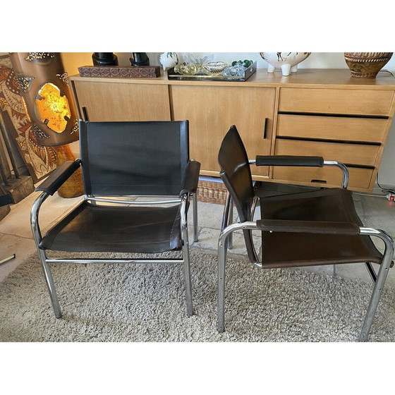 Image 1 of Pair of vintage Klinte brown leather armchairs by Tord Bjorklund for Ikea, Sweden 1980