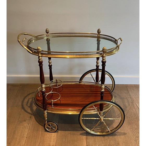 Image 1 of Vintage oval brass and mahogany table on wheels by Maison Baguès, 1940