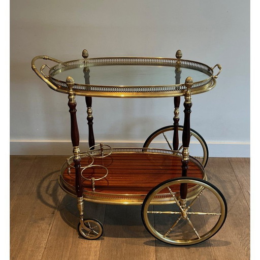 Vintage oval brass and mahogany table on wheels by Maison Baguès, 1940