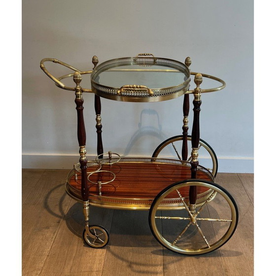 Image 1 of Vintage oval brass and mahogany table on wheels by Maison Baguès, 1940