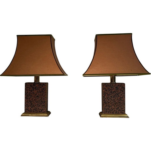 Pair of vintage Chinese lamps in printed wood and gilded metal with pagoda shade