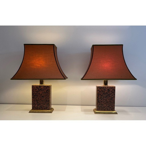 Pair of vintage Chinese lamps in printed wood and gilded metal with pagoda shade