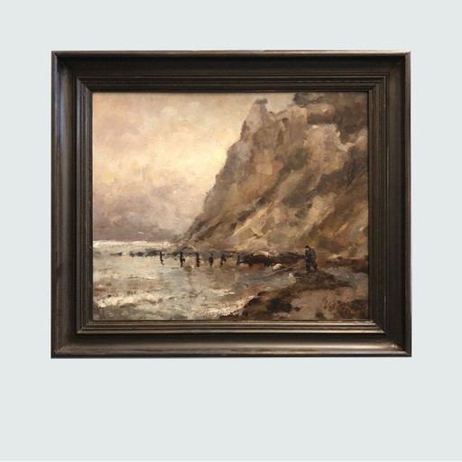 Cuadro antiguo "Un pescador trabajando" de Mogens Vantore, Dinamarca, 1890