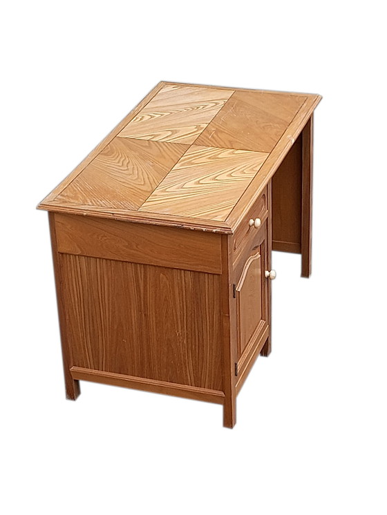 Image 1 of Vintage Beech Desk With Inlaid Leaf Ash And Wenge