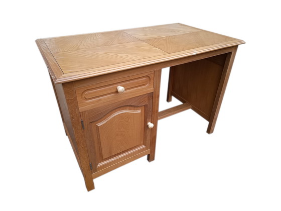 Image 1 of Vintage Beech Desk With Inlaid Leaf Ash And Wenge