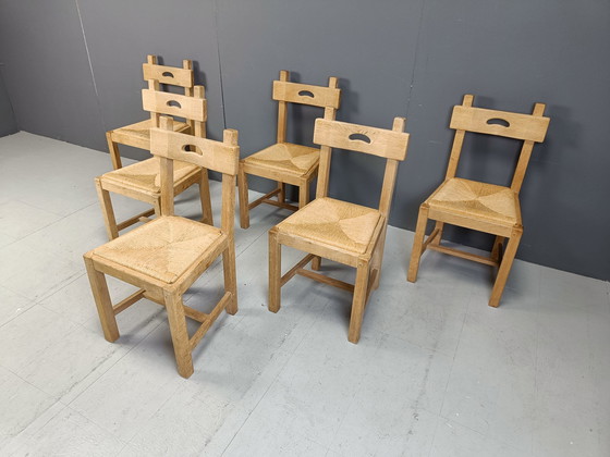 Image 1 of Set Of 6 Oak And Wicker Brutalist Dining Chairs, 1960S