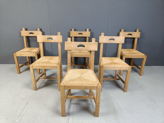 Image 1 of Set Of 6 Oak And Wicker Brutalist Dining Chairs, 1960S