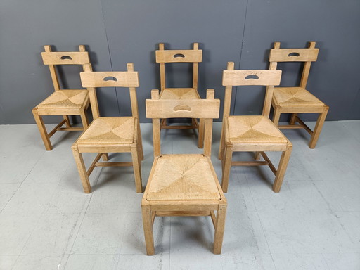 Set Of 6 Oak And Wicker Brutalist Dining Chairs, 1960S