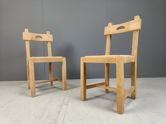 Image 1 of Set Of 6 Oak And Wicker Brutalist Dining Chairs, 1960S