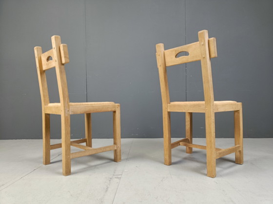 Image 1 of Set Of 6 Oak And Wicker Brutalist Dining Chairs, 1960S