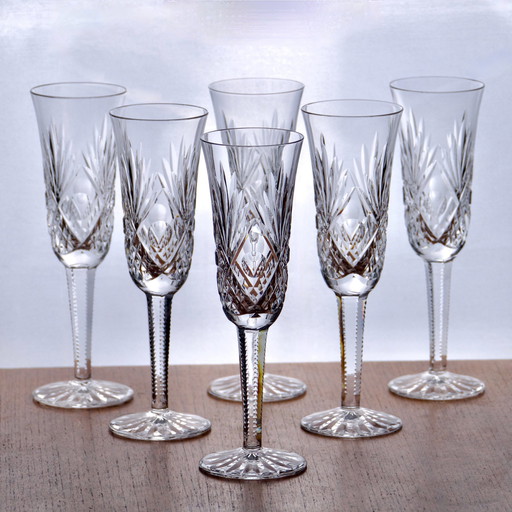 Large Antique Hand-Signed Crystal Champagne Flutes Ls