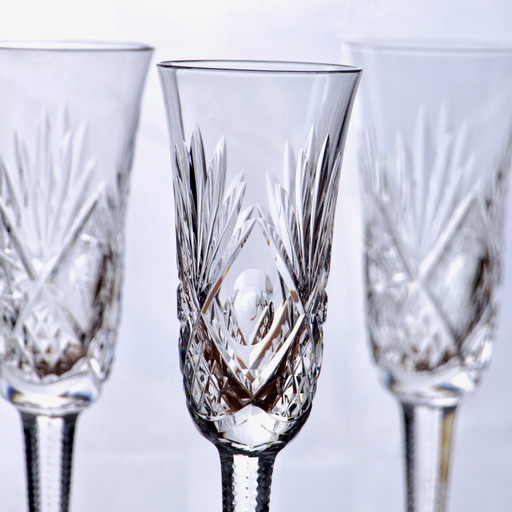 Large Antique Hand-Signed Crystal Champagne Flutes Ls