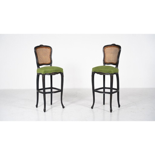 Pair of vintage bar stools in green fabric, Belgium